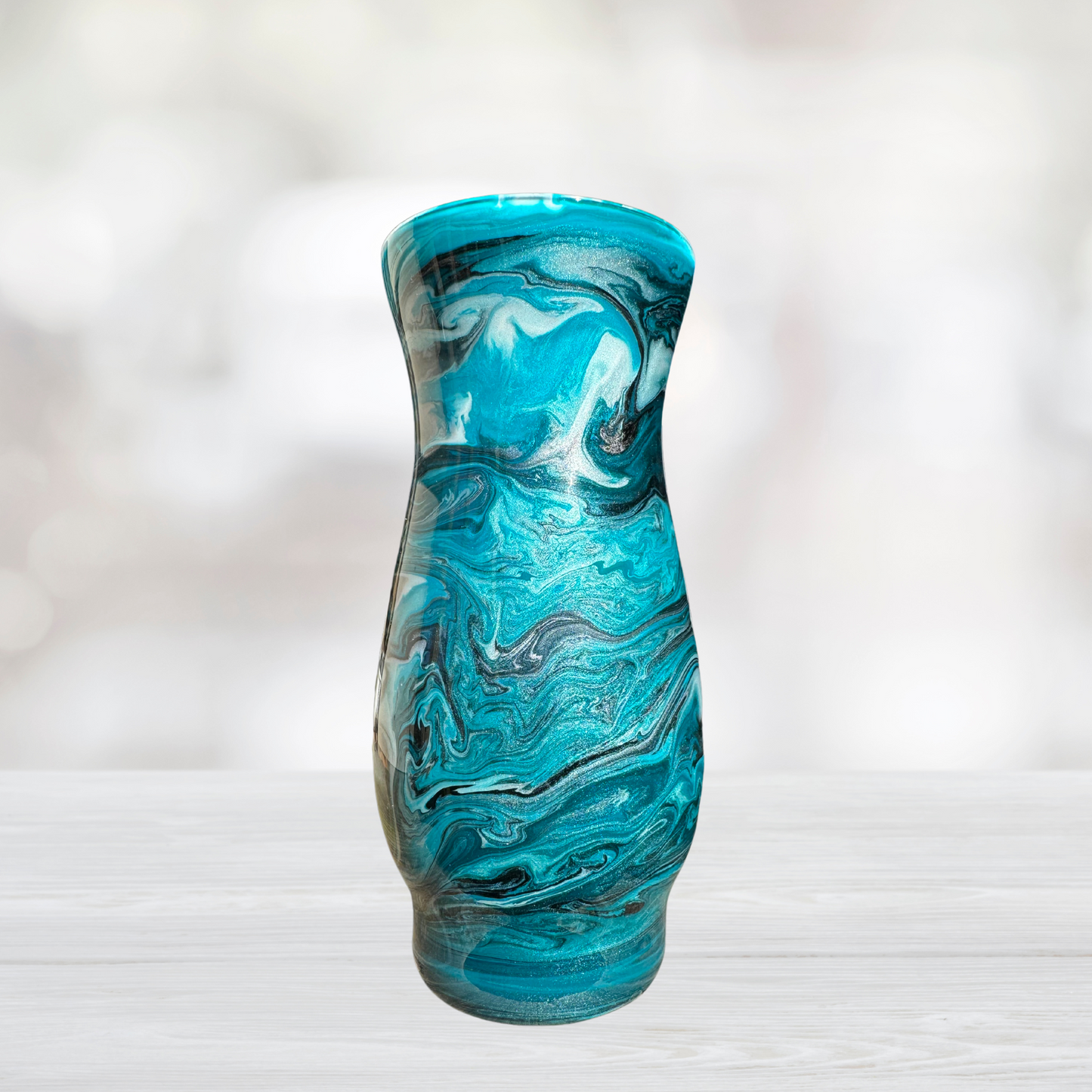 Teal, Black, and Silver Alcohol Ink 6.5" Flower Vase