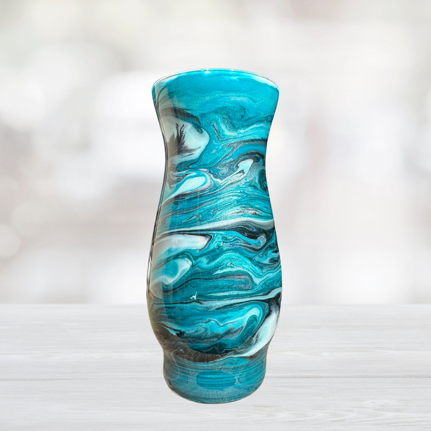 Teal, Black, and Silver Alcohol Ink 6.5" Flower Vase