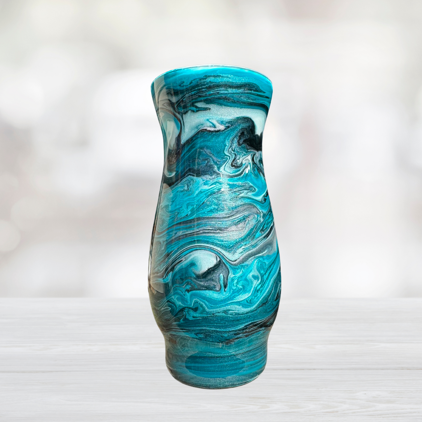 Teal, Black, and Silver Alcohol Ink 6.5" Flower Vase