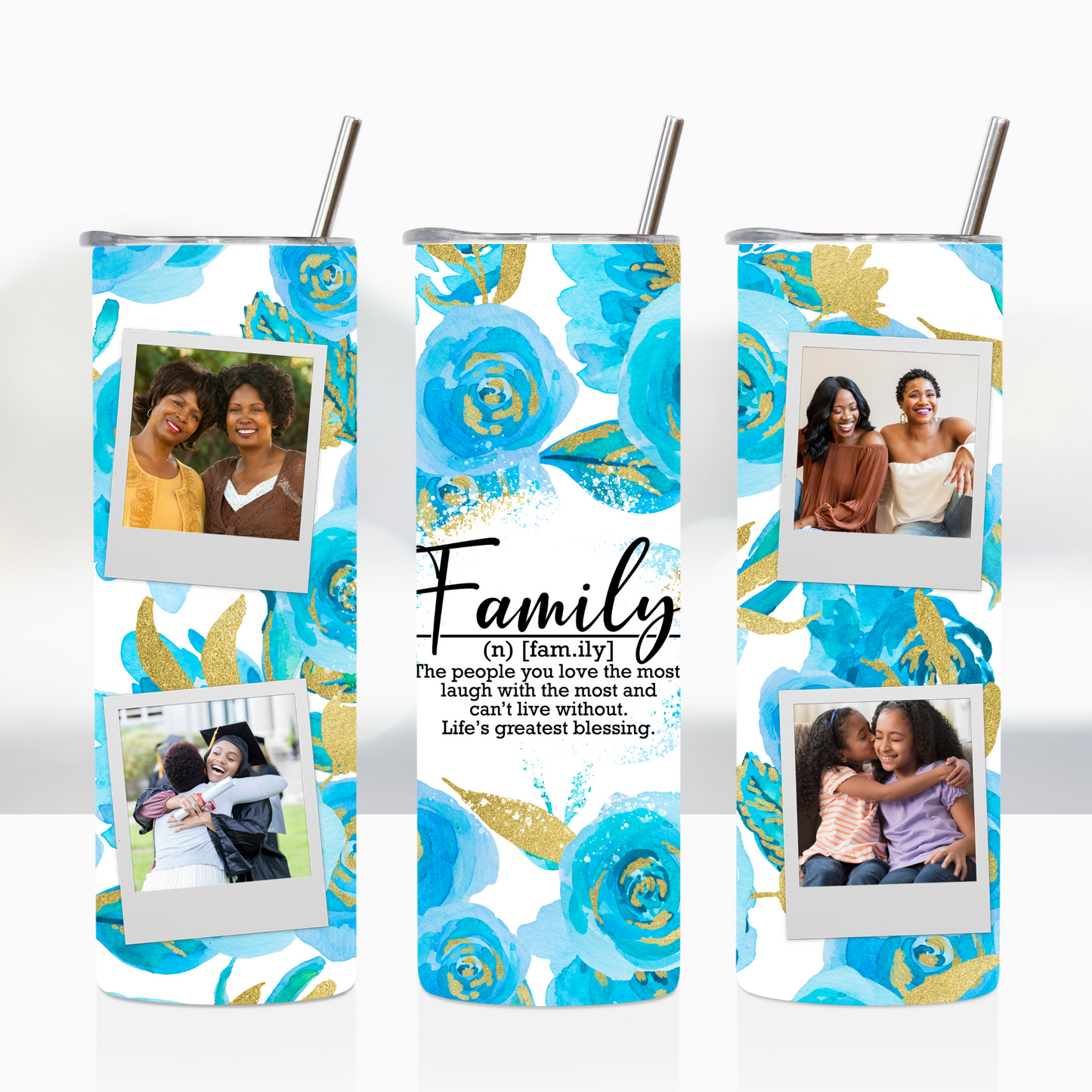 Blue and Gold Floral Custom Polaroid Photo Family 20oz Tumbler
