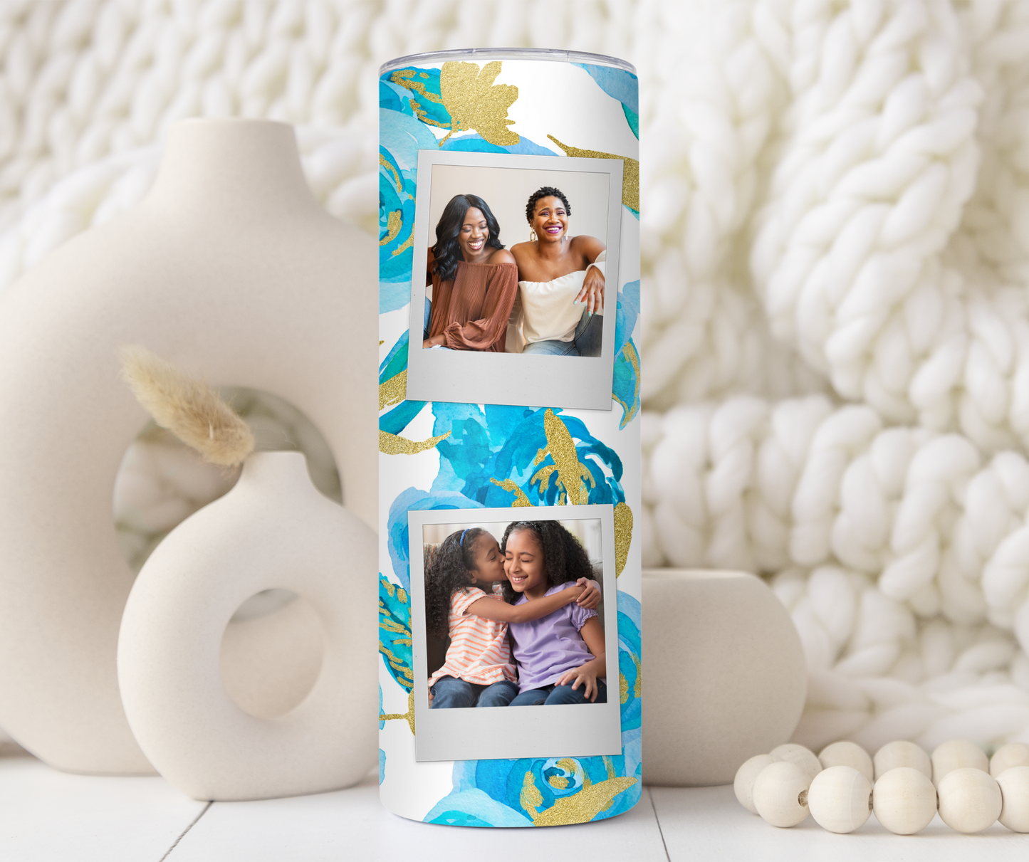 Blue and Gold Floral Custom Polaroid Photo Family 20oz Tumbler