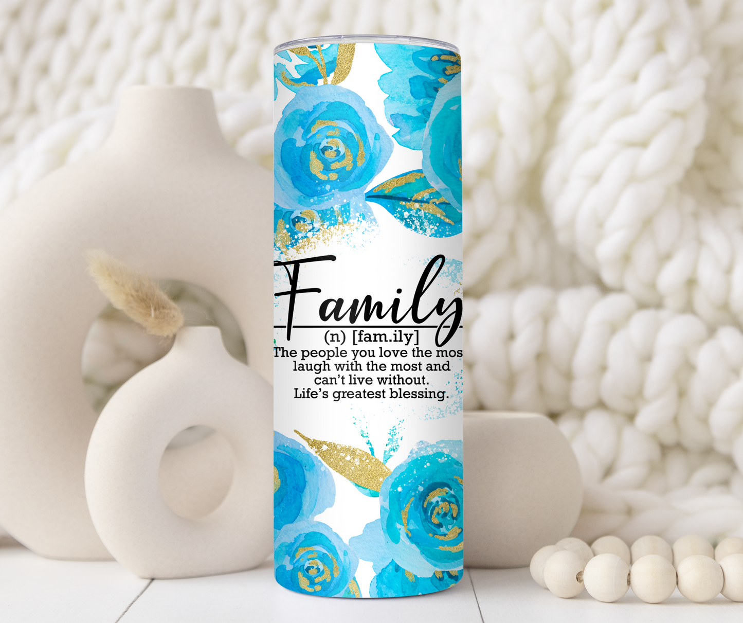 Blue and Gold Floral Custom Polaroid Photo Family 20oz Tumbler