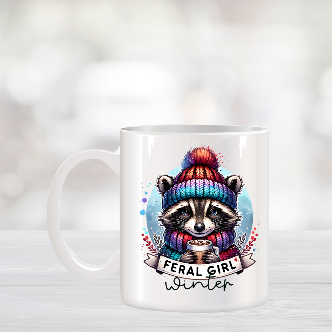 Feral Girl Winter Raccoon Coffee Mug