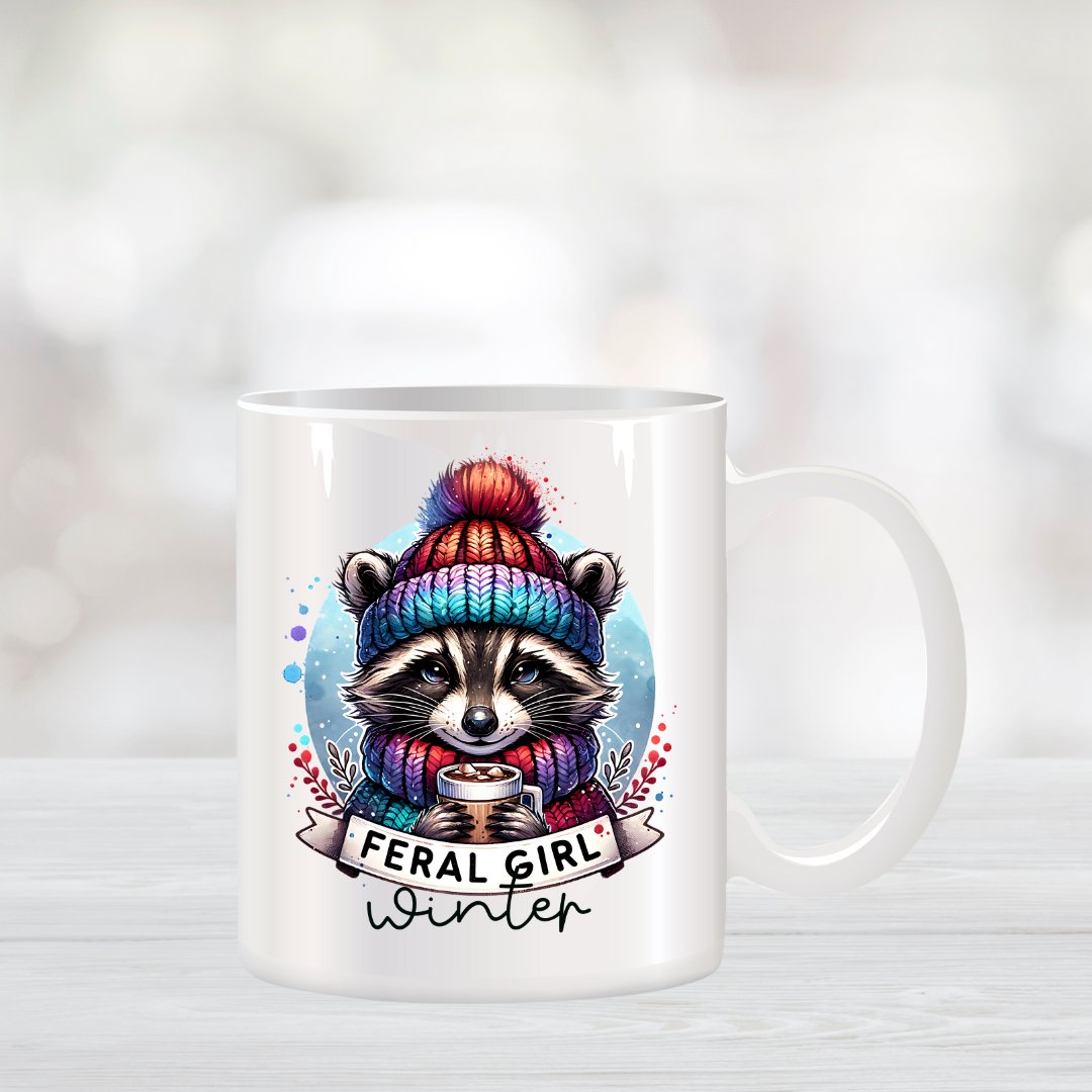 Feral Girl Winter Raccoon Coffee Mug