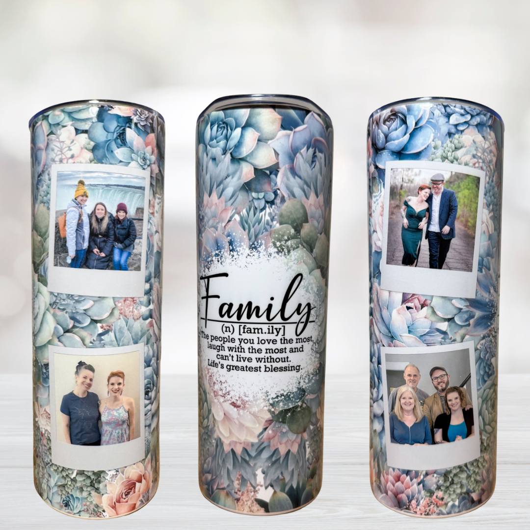 Family Blue Floral Custom Polaroid Photo 20oz Tumbler - Photo Tumblers - Custom Tumblers - Gift for Moms - Gift for Sisters - Photo Gifts