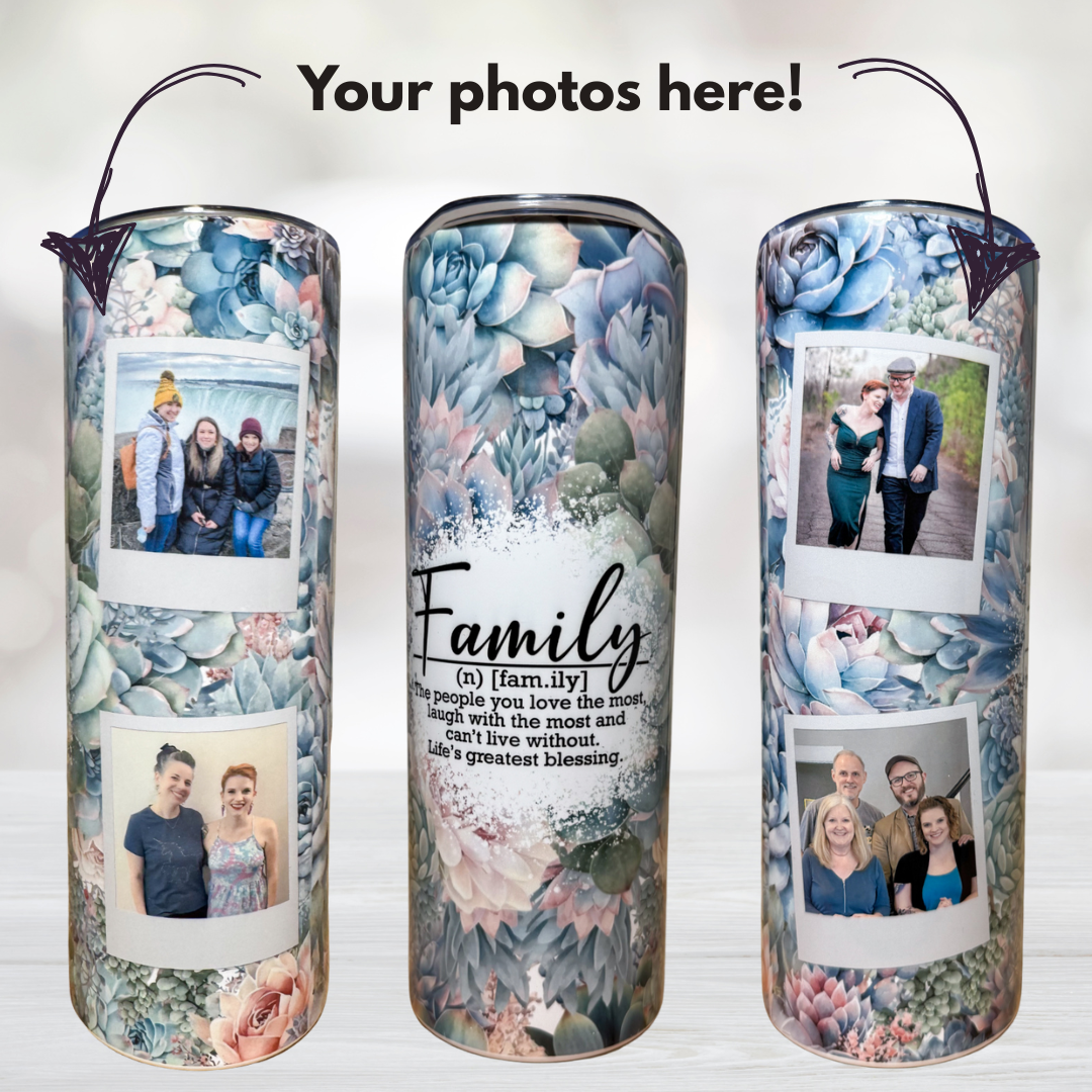 Family Blue Floral Custom Polaroid Photo 20oz Tumbler - Photo Tumblers - Custom Tumblers - Gift for Moms - Gift for Sisters - Photo Gifts