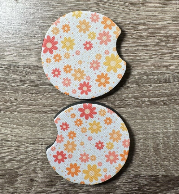 Pink and Yellow Flowers Car Coasters - Cute Car Coasters - Car Accessories - Cup Holder Coasters - Gifts for Her - Gifts Under 10