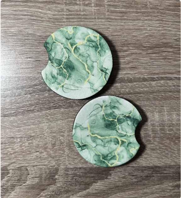 Green and Gold Marble Car Coasters - Cute Car Coasters - Car Accessories - Cup Holder Coasters - Gifts for Her - Gifts Under 10