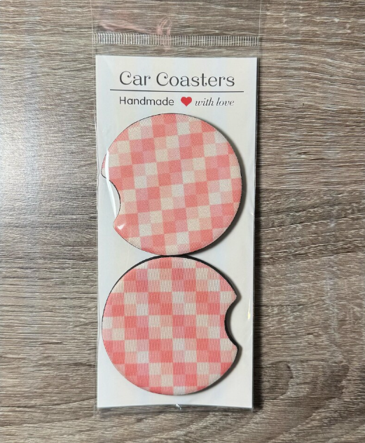 Pink and White Checkered Car Coasters - Cute Car Coasters - Car Accessories - Cup Holder Coasters - Gifts for Her - Gifts Under 10