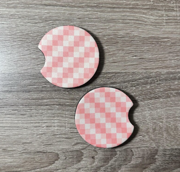 Pink and White Checkered Car Coasters - Cute Car Coasters - Car Accessories - Cup Holder Coasters - Gifts for Her - Gifts Under 10