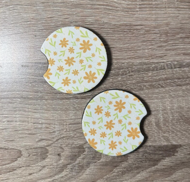 Terracotta Floral Car Coasters - Rustic Flowers Cute Car Coasters - Car Accessories - Cup Holder Coasters - Gifts for Her - Gifts Under 10