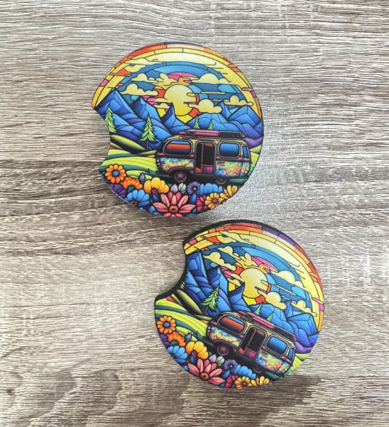 Hippie Colorful Car Coasters - Cute Car Coasters - Car Accessories - Cup Holder Coasters - Gifts for Her - Gifts Under 10