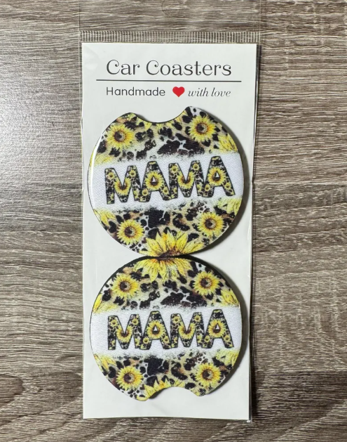Sunflower Mama Car Coasters - Cute Car Coasters - Car Accessories - Cup Holder Coasters - Gifts for Her - Gifts Under 10