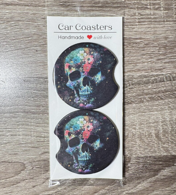 Floral Skull Car Coasters - Cute Car Coasters - Car Accessories - Cup Holder Coasters - Gifts for Her - Gifts Under 10