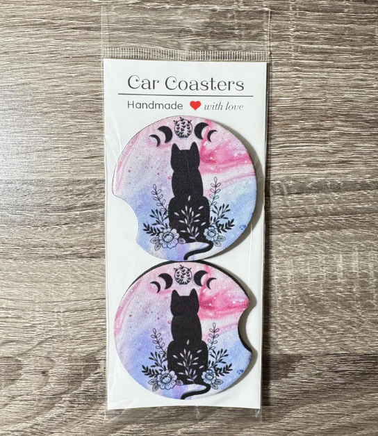 Celestial Mystical Black Cat Car Coasters - Cute Car Coasters - Car Accessories - Cup Holder Coasters - Gifts for Her - Gifts Under 10