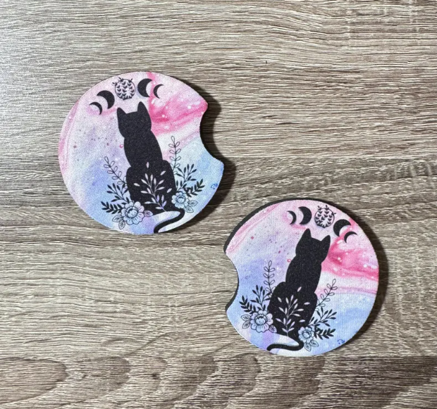 Celestial Mystical Black Cat Car Coasters - Cute Car Coasters - Car Accessories - Cup Holder Coasters - Gifts for Her - Gifts Under 10