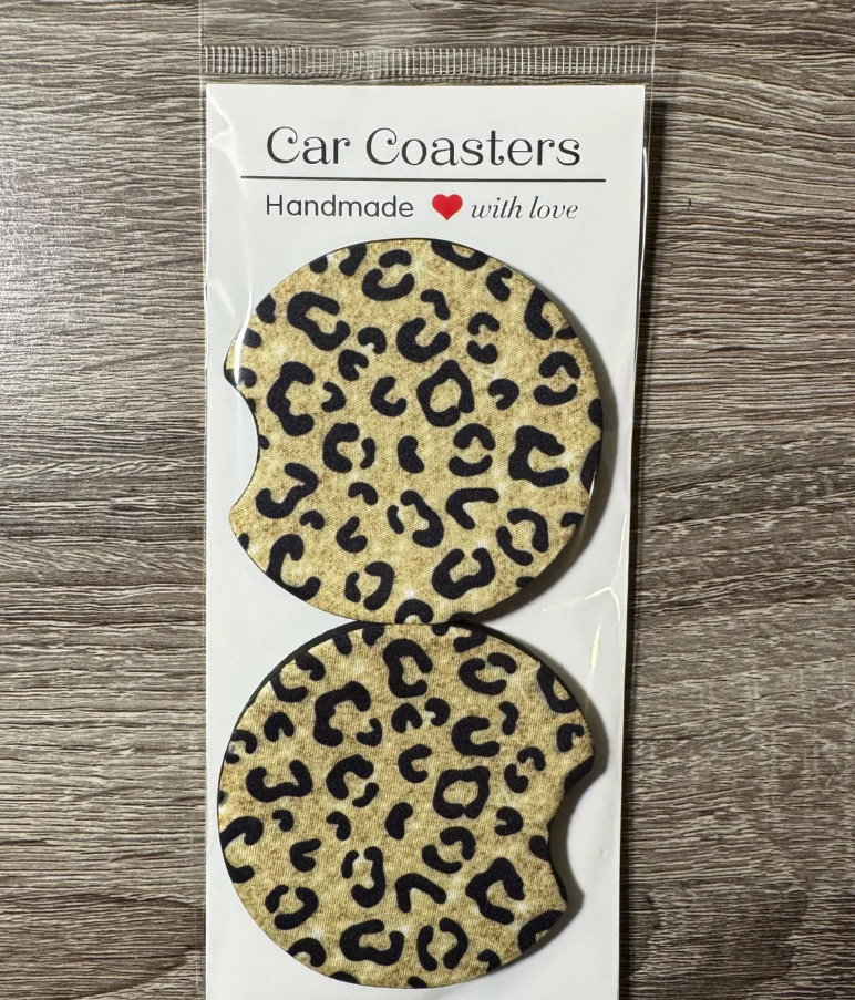 Gold Leopard Print Car Coasters - Cute Car Coasters - Car Accessories - Cup Holder Coasters - Gifts for Her - Gifts Under 10