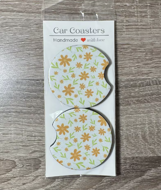 Terracotta Floral Car Coasters - Rustic Flowers Cute Car Coasters - Car Accessories - Cup Holder Coasters - Gifts for Her - Gifts Under 10