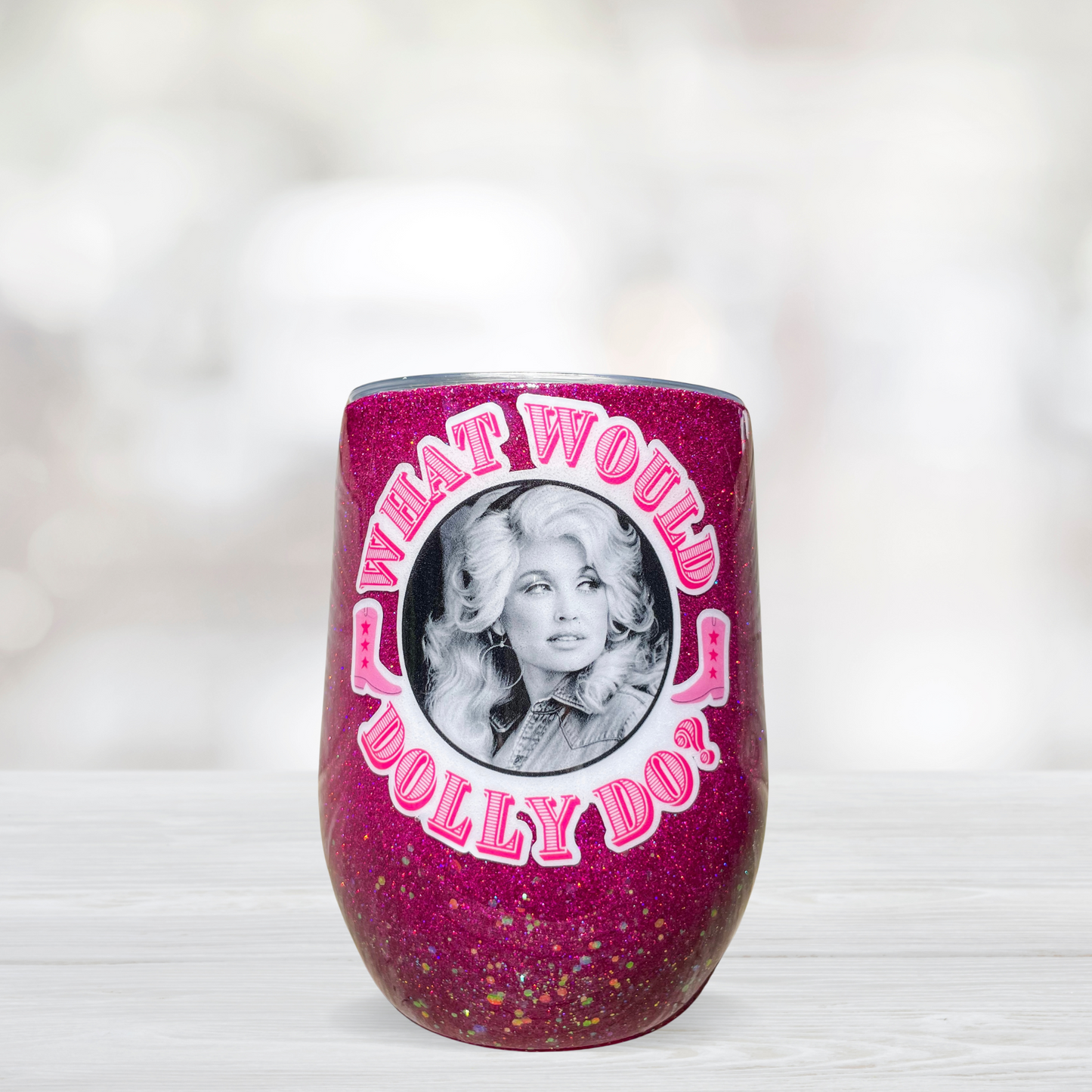 What Would Dolly Do 12oz Pink & White Glitter Wine Tumbler