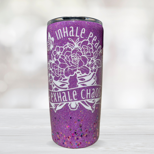 Inhale Peace, Exhale Chaos Purple Confetti Glitter Tumbler