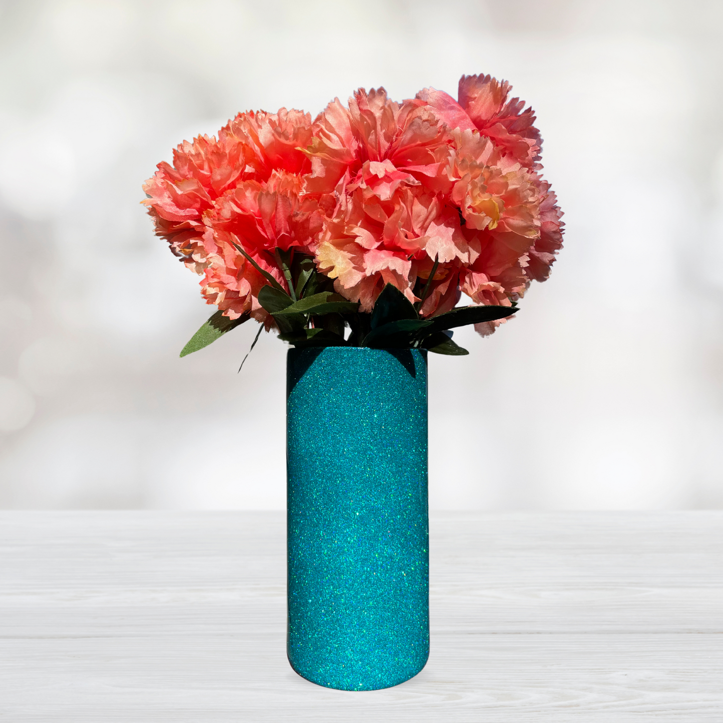 Teal Glitter Flower Vase