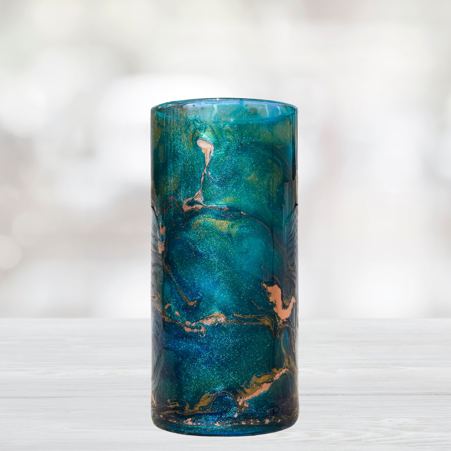 Blue and Copper Marble Alcohol Ink 7.5" Flower Vase