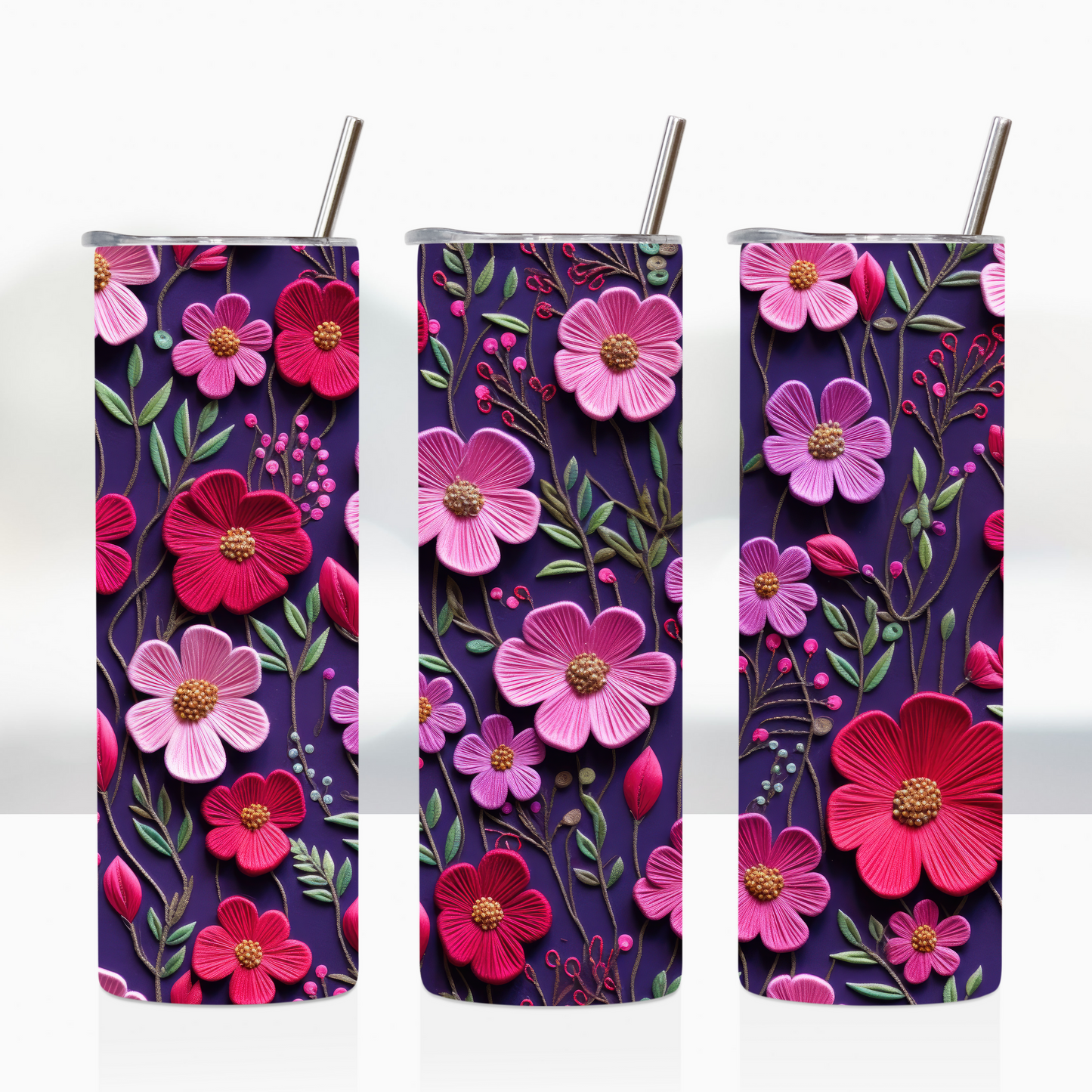 Embroidered Pink Flowers Tumbler