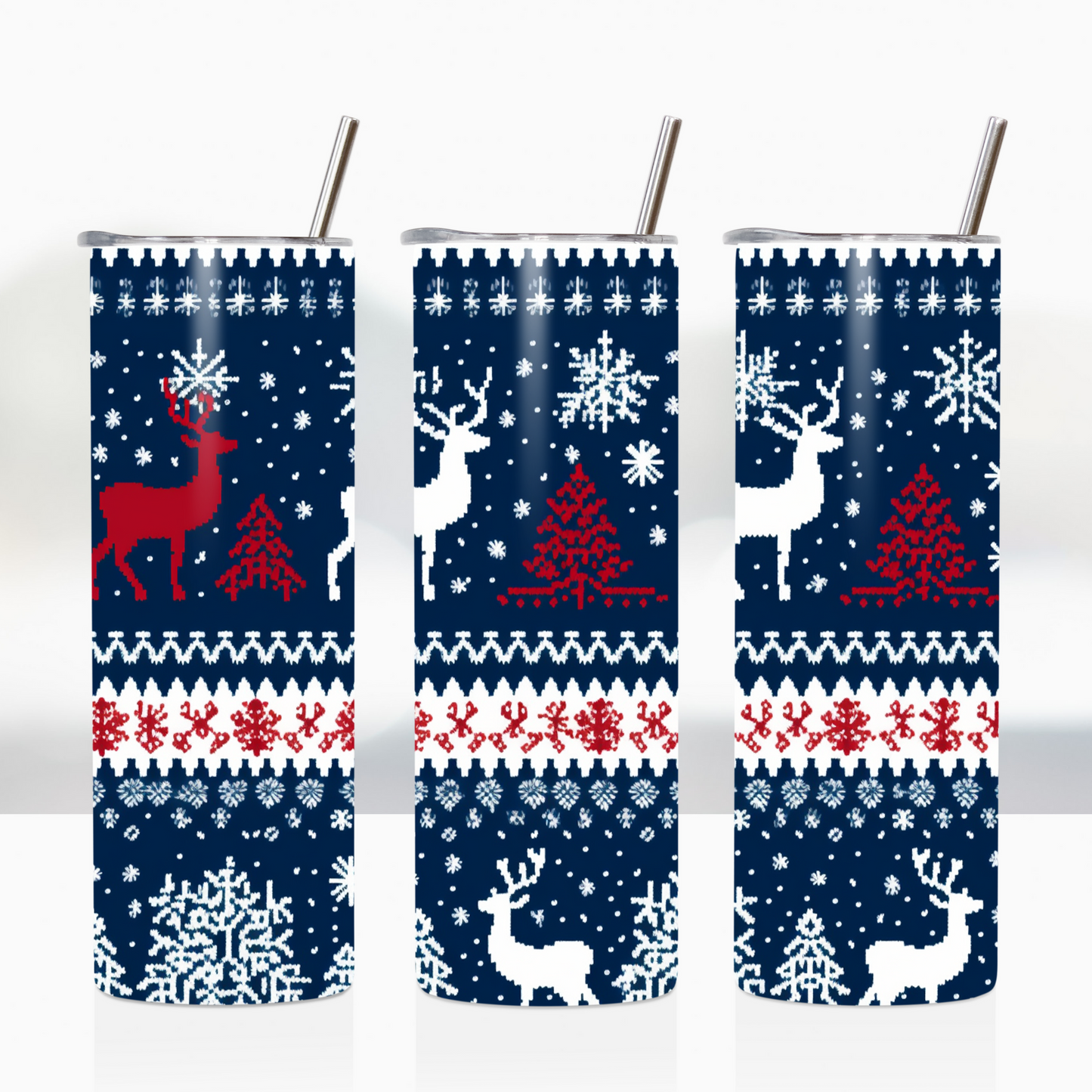 Blue Reindeer Ugly Sweater Christmas Tumbler