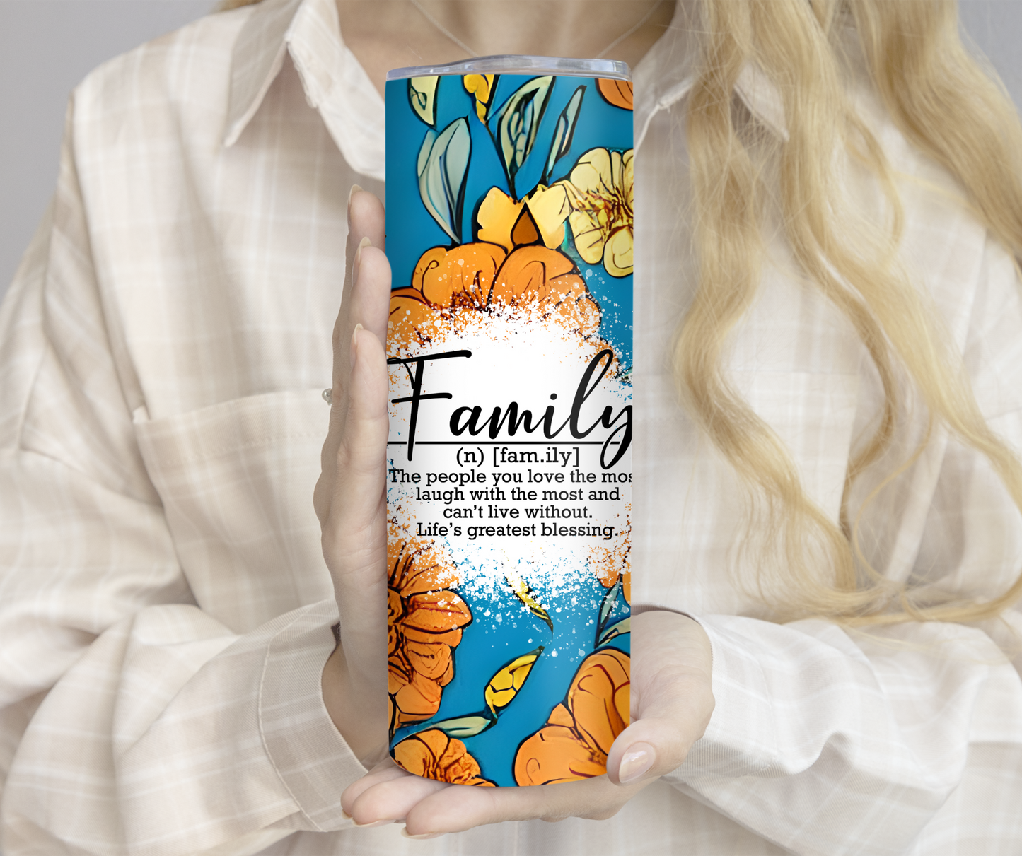 Blue and Orange Floral Custom Polaroid Photo Family 20oz Tumbler