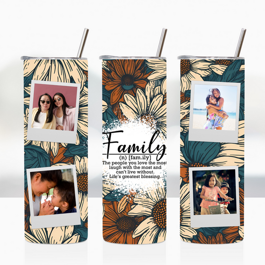 Teal and Neutral Floral Custom Polaroid Photo Family 20oz Tumbler