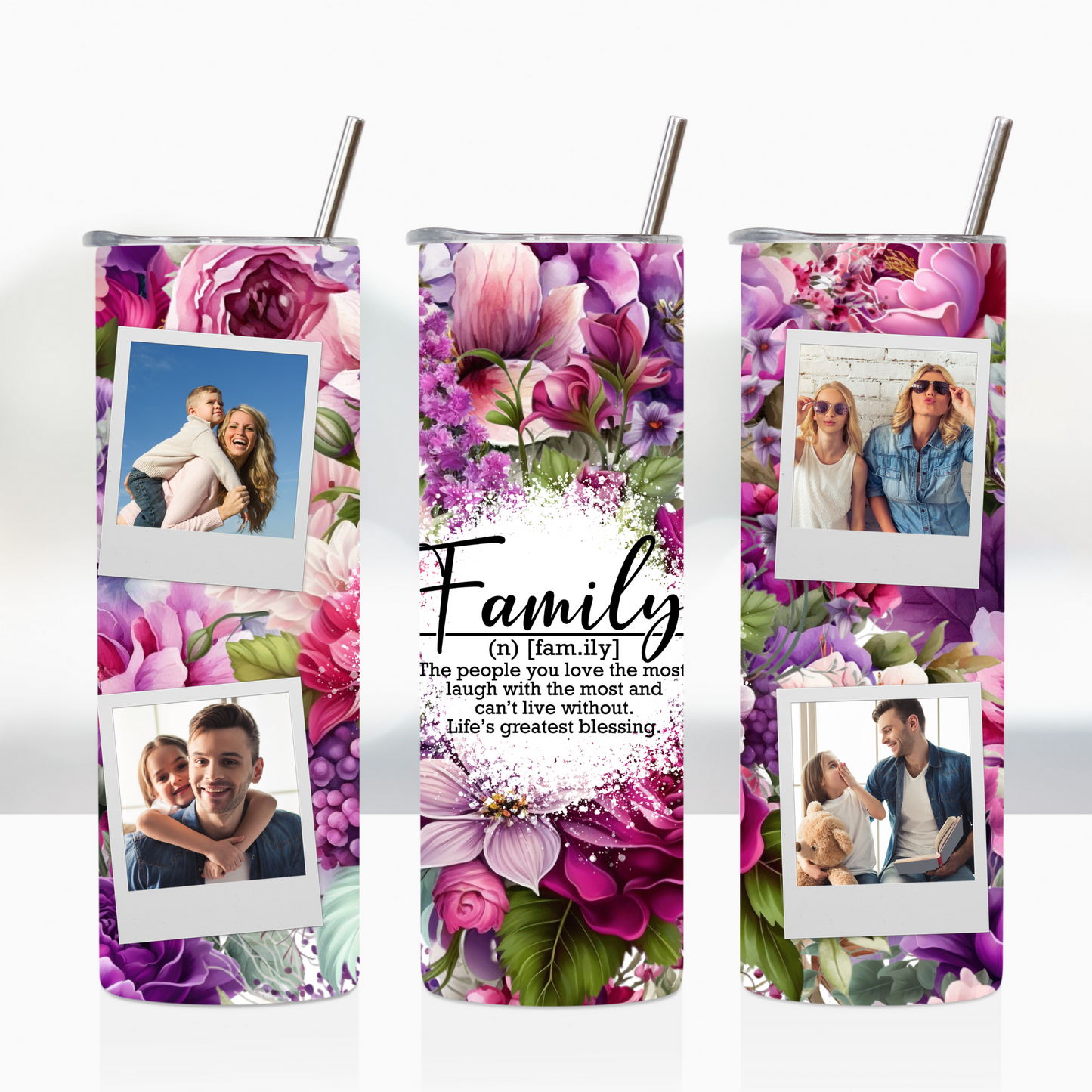 Pink Floral Custom Polaroid Photo Family 20oz Tumbler