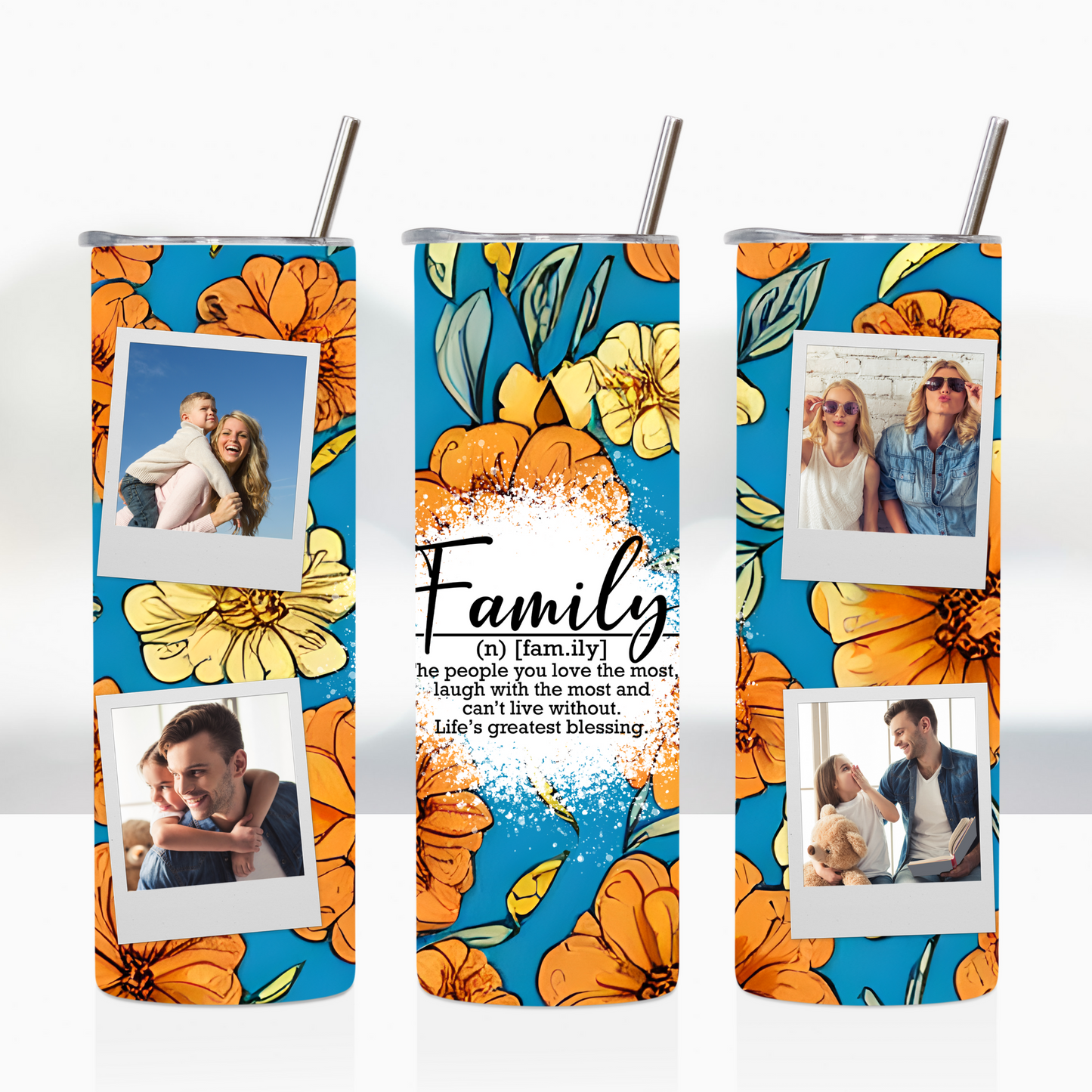 Blue and Orange Floral Custom Polaroid Photo Family 20oz Tumbler