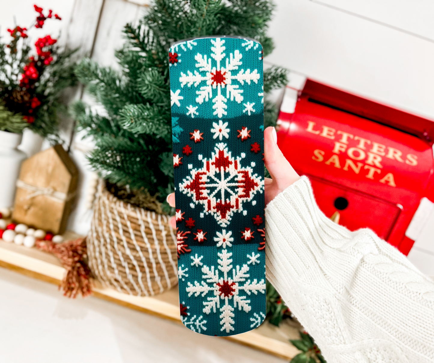 Teal Snowflakes Ugly Sweater Christmas Tumbler