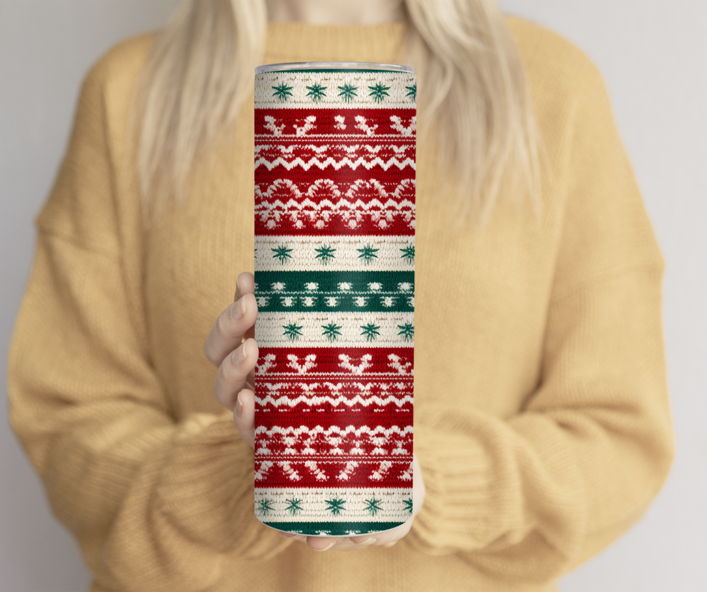 Red, Green, and Tan Striped Ugly Sweater Christmas 20oz Tumbler