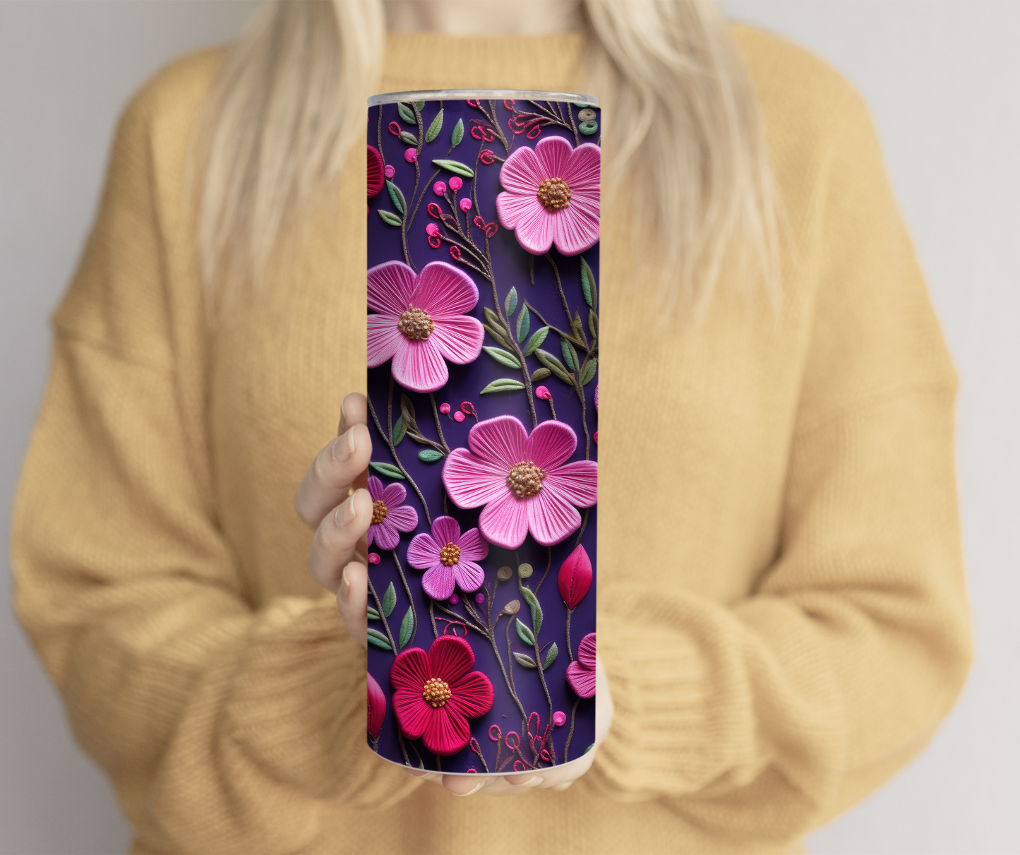 Embroidered Pink Flowers Tumbler