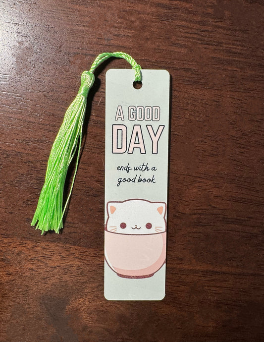 Bookmark With Adorable Cat and a Good Day Ends with a Good Book Design - makes a great gift for book lovers, family, and friends!