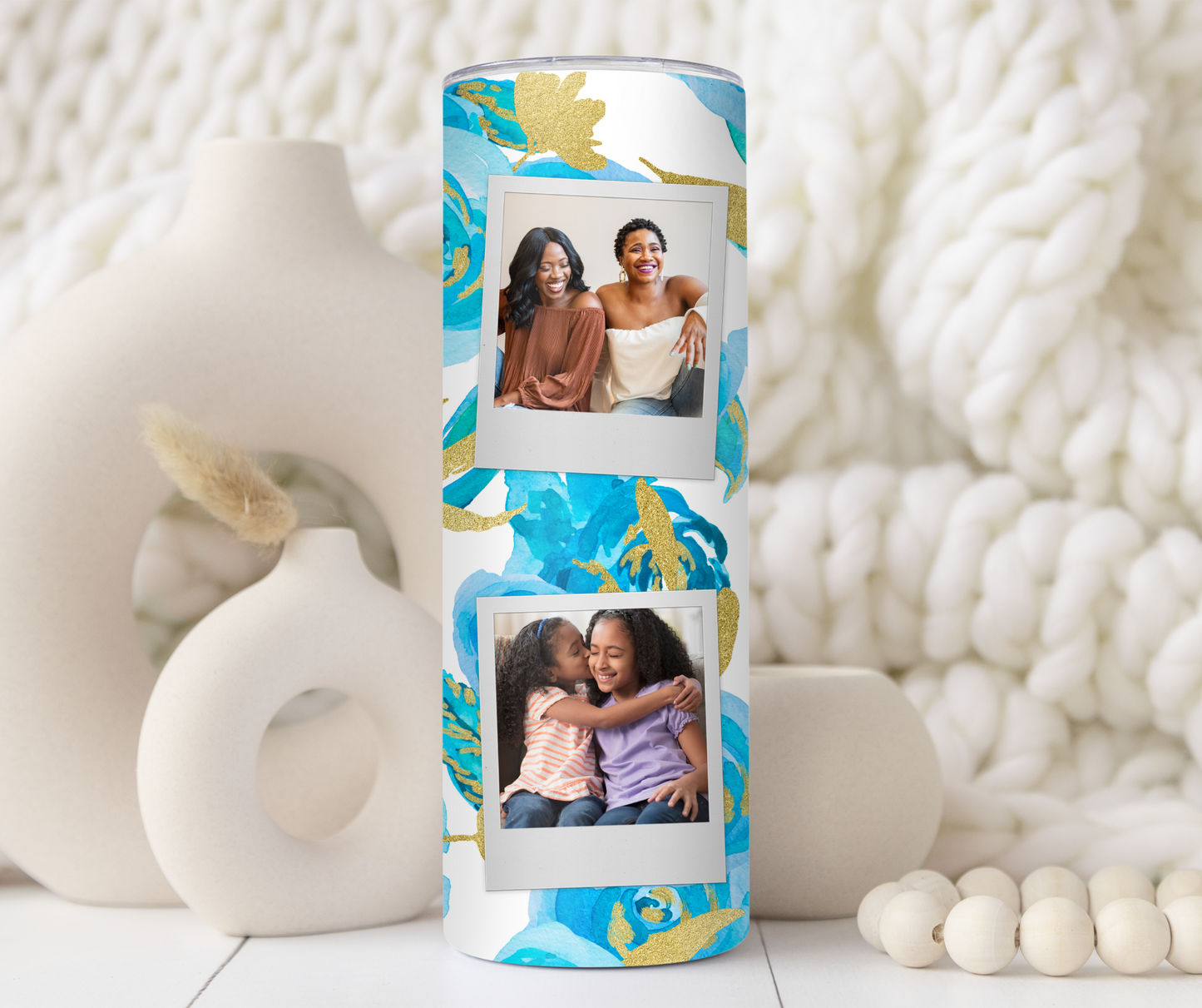 Blue and Gold  Floral Custom Polaroid Photo Family 20oz Tumbler