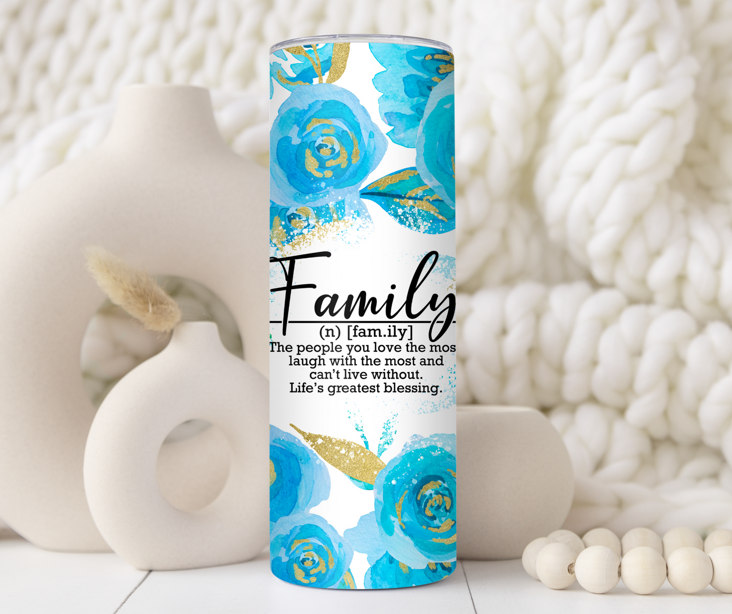 Blue and Gold  Floral Custom Polaroid Photo Family 20oz Tumbler