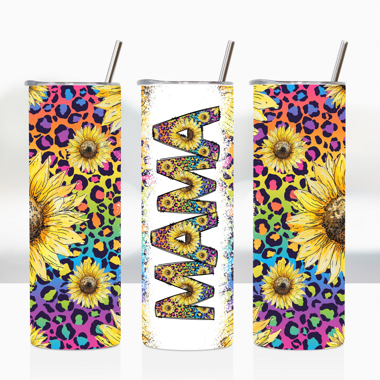 Rainbow Cheetah Print Mama Sunflower Ranch 20oz Tumbler