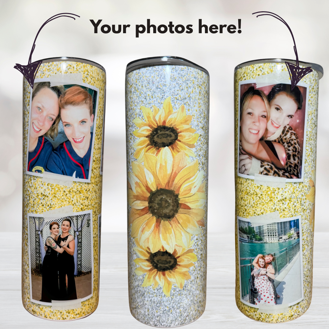 Yellow Glitter Sunflower Custom Photo 20oz Tumbler - Photo Tumblers - Custom Tumblers - Gift for Friends - Gift for Sisters - Photo Gifts