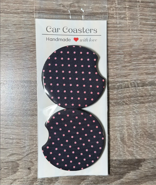 Black and Pink Polka Dot Car Coasters - Cute Car Coasters - Car Accessories - Cup Holder Coasters - Gifts for Her - Gifts Under 10