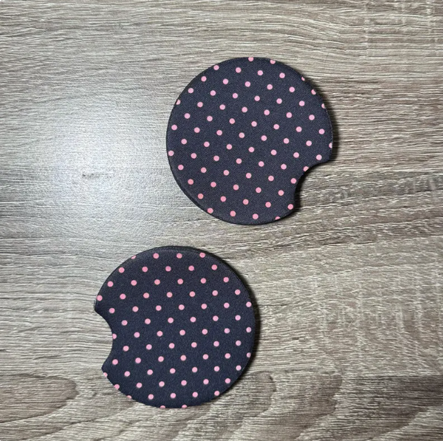 Black and Pink Polka Dot Car Coasters - Cute Car Coasters - Car Accessories - Cup Holder Coasters - Gifts for Her - Gifts Under 10
