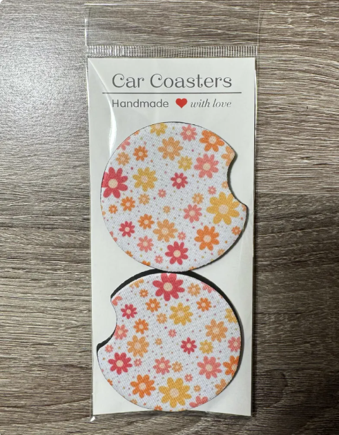 Pink and Yellow Flowers Car Coasters - Cute Car Coasters - Car Accessories - Cup Holder Coasters - Gifts for Her - Gifts Under 10