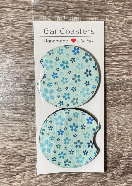 Teal and Blue Flowers Car Coasters - Cute Car Coasters - Car Accessories - Cup Holder Coasters - Gifts for Her - Gifts Under 10