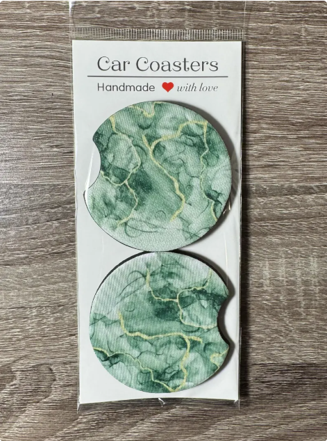 Green and Gold Marble Car Coasters - Cute Car Coasters - Car Accessories - Cup Holder Coasters - Gifts for Her - Gifts Under 10