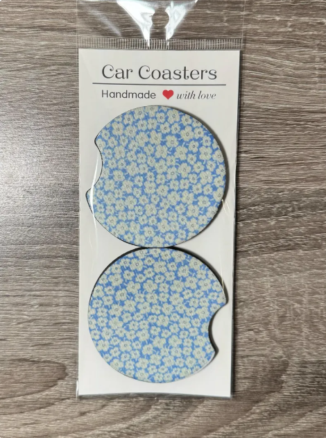 Blue and White Flowers Car Coasters - Cute Car Coasters - Car Accessories - Cup Holder Coasters - Gifts for Her - Gifts Under 10