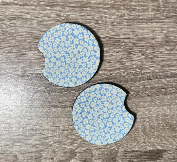 Blue and White Flowers Car Coasters - Cute Car Coasters - Car Accessories - Cup Holder Coasters - Gifts for Her - Gifts Under 10