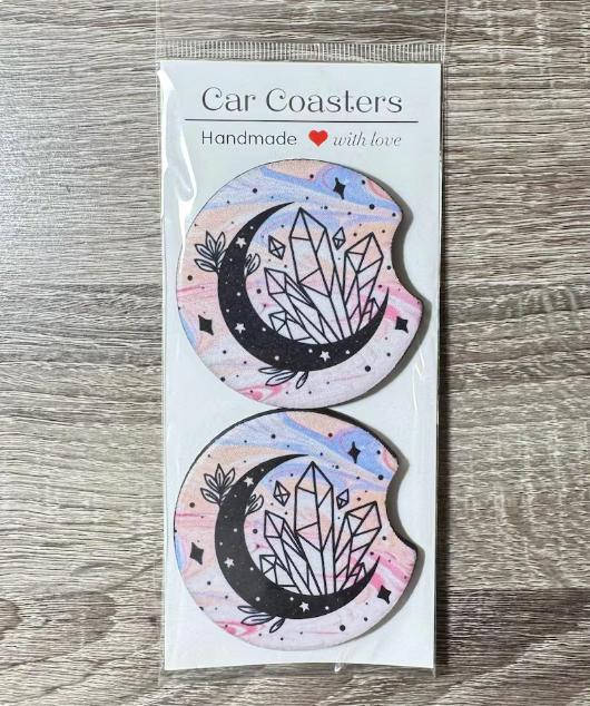 Celestial Moon and Crystals Car Coasters - Cute Car Coasters - Car Accessories - Lunar Mystical Coasters - Gifts for Her - Gifts Under 10