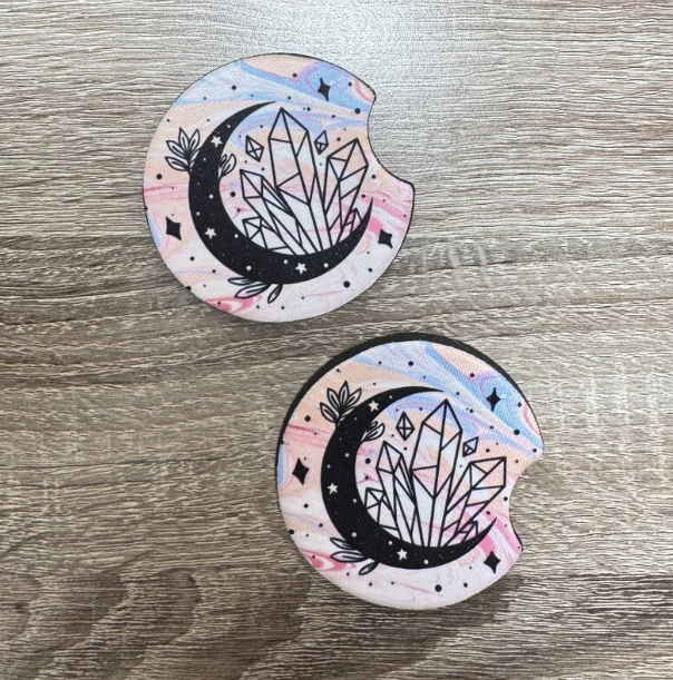 Celestial Moon and Crystals Car Coasters - Cute Car Coasters - Car Accessories - Lunar Mystical Coasters - Gifts for Her - Gifts Under 10