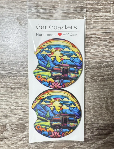 Hippie Colorful Car Coasters - Cute Car Coasters - Car Accessories - Cup Holder Coasters - Gifts for Her - Gifts Under 10